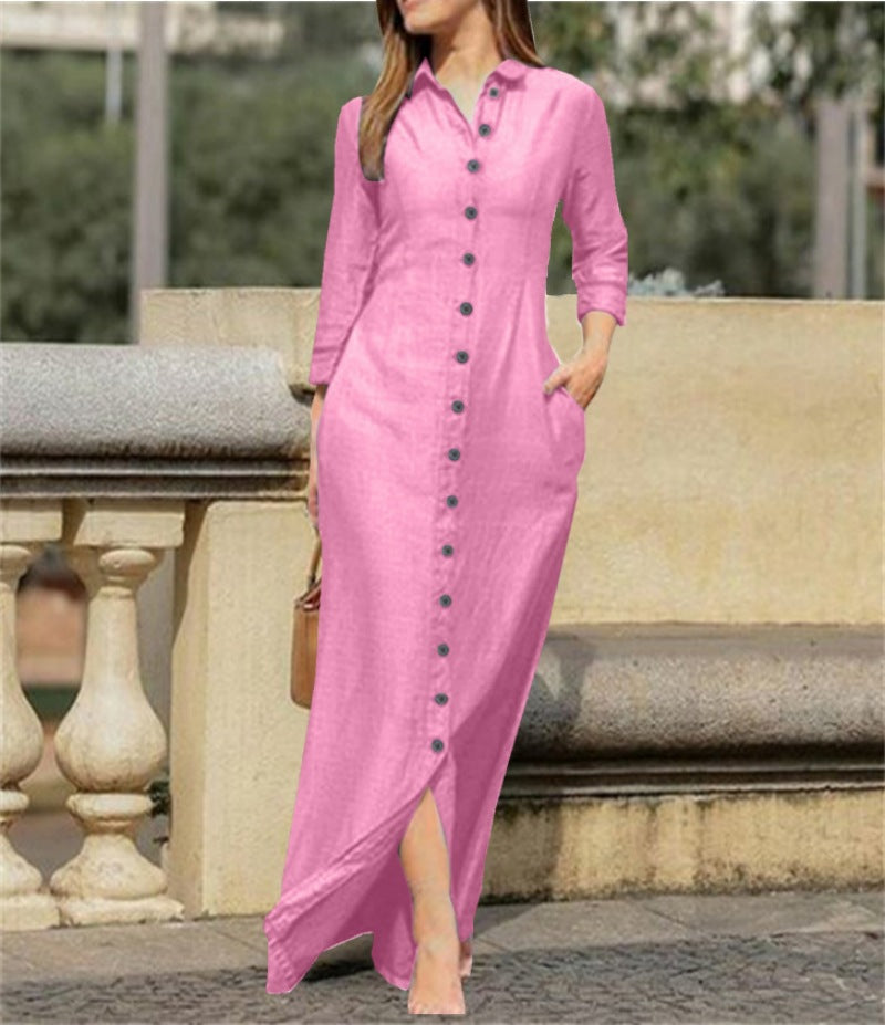 Women's Unisex Style Long Sleeve Lapel Solid Color Dresses