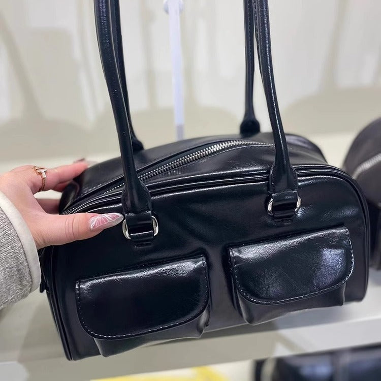 Women's Oil Wax Leather Large Capacity Bowling Shoulder Bags