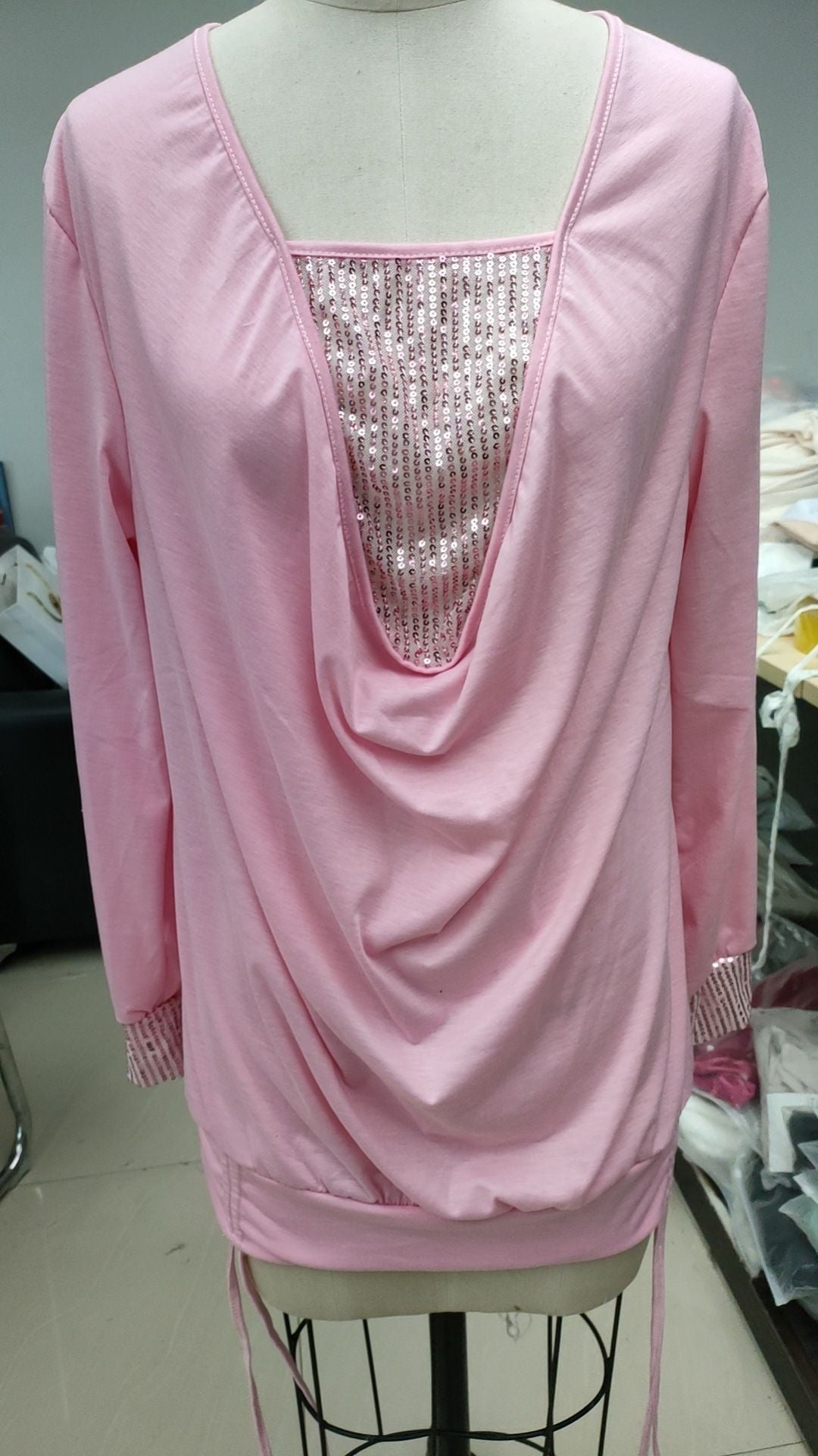 Pure Color Sequins Stitching Long-sleeved Elegant Blouses