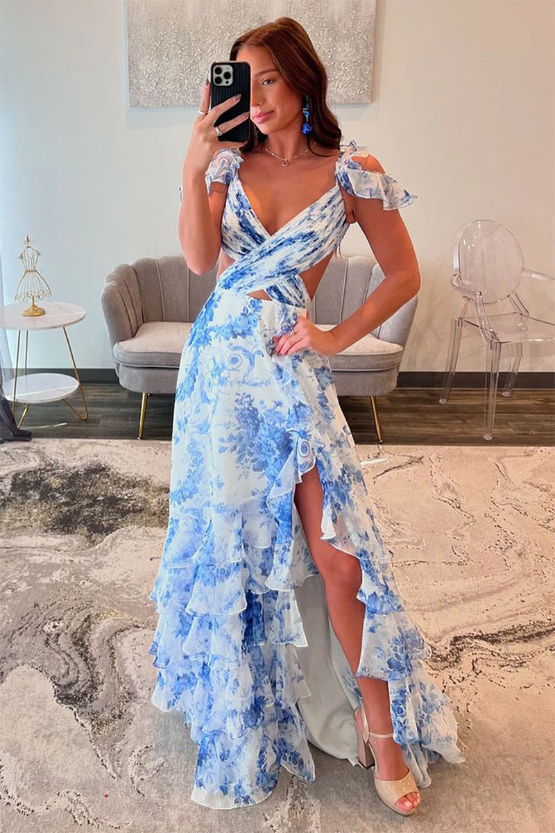 Women's Sexy Backless Ruffled High Slit Suspender Dresses