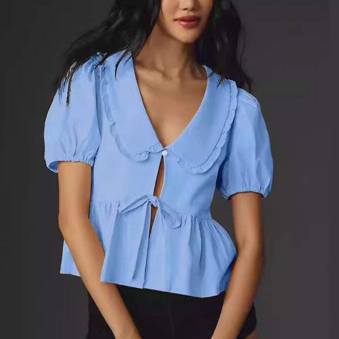 Solid Color Sleeve Lace Up Peter Pan Blouses