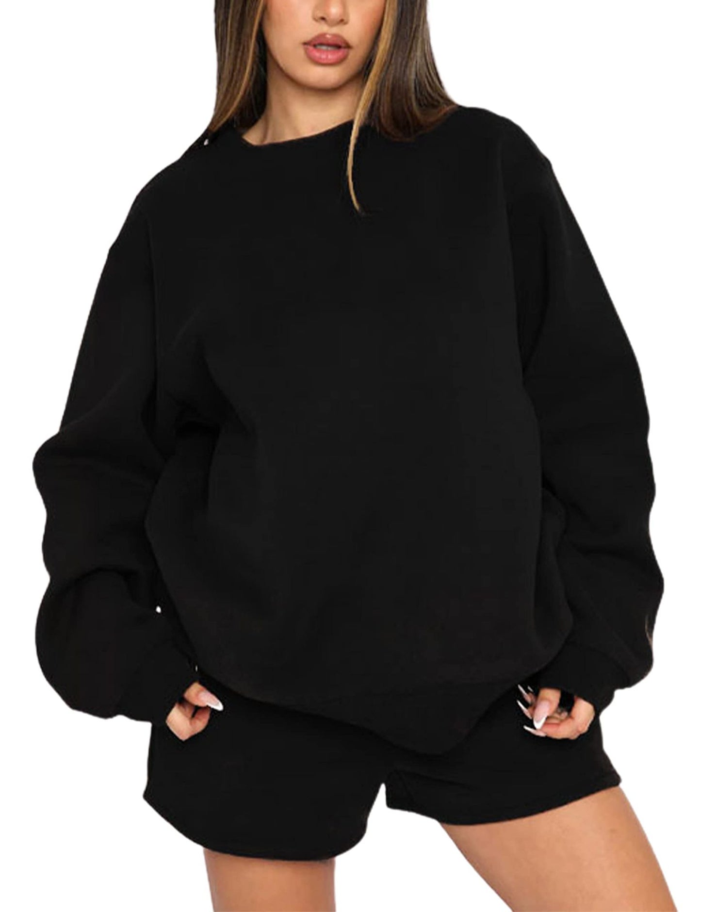 Women's Solid Color Round Neck Pullover Long Shorts