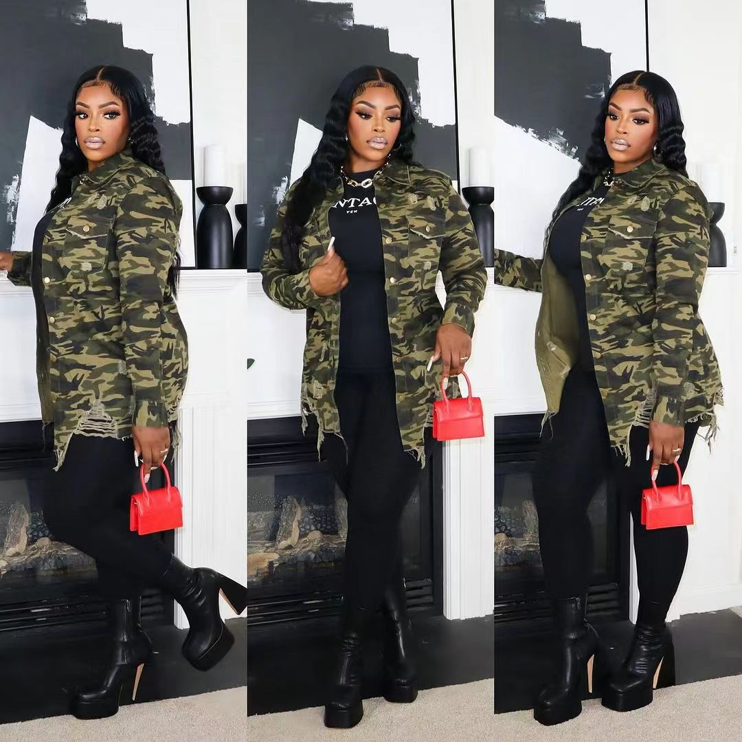 Women's Classic Long-sleeved Camouflage Ripped Collar Blouses