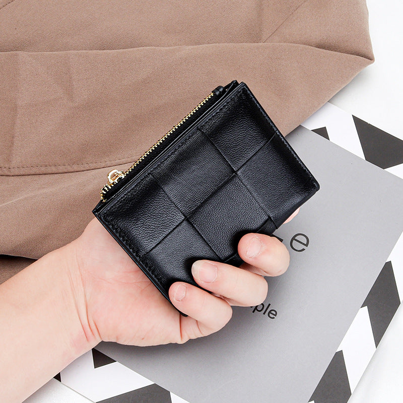 Women's Short Sheepskin Woven Fashion Folding Multifunctional Ladies Wallets