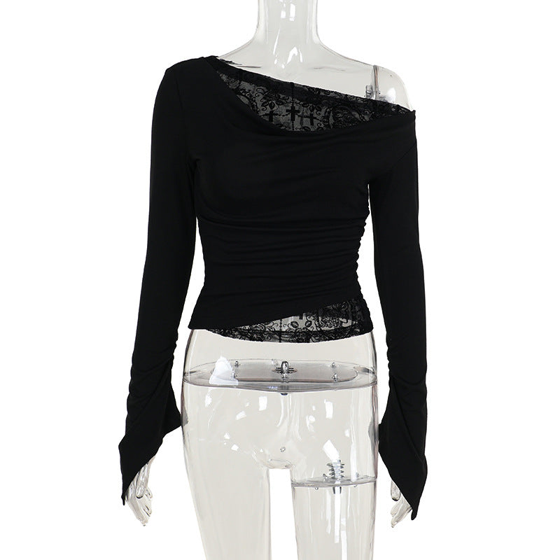 Women's Elegant Sexy Shoulder Flocking Stitching Long-sleeved Blouses