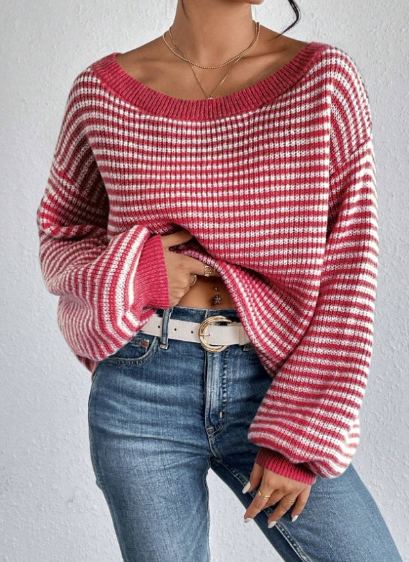 Women's Contrast Color Striped Lantern Sleeve Sweaters