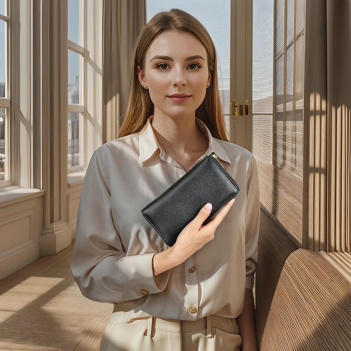 Women's Leather Long Clutch Cowhide Zip Handbags