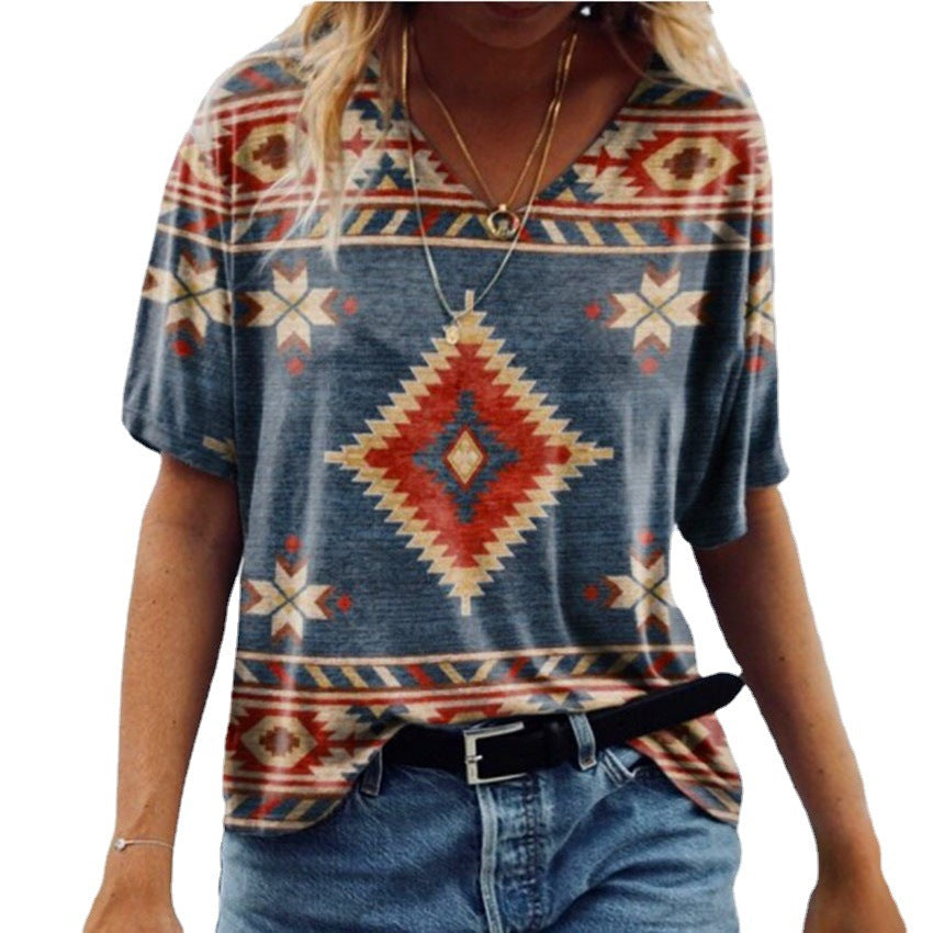 Women's Vintage Printing Family Geometric Pattern Sleeve Blouses