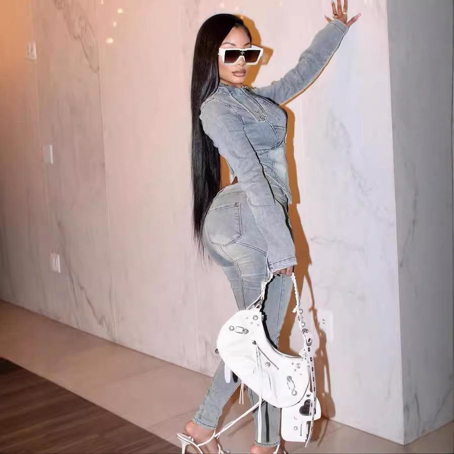 Glamorous Autumn Denim Fashion Stretch Trousers Suits