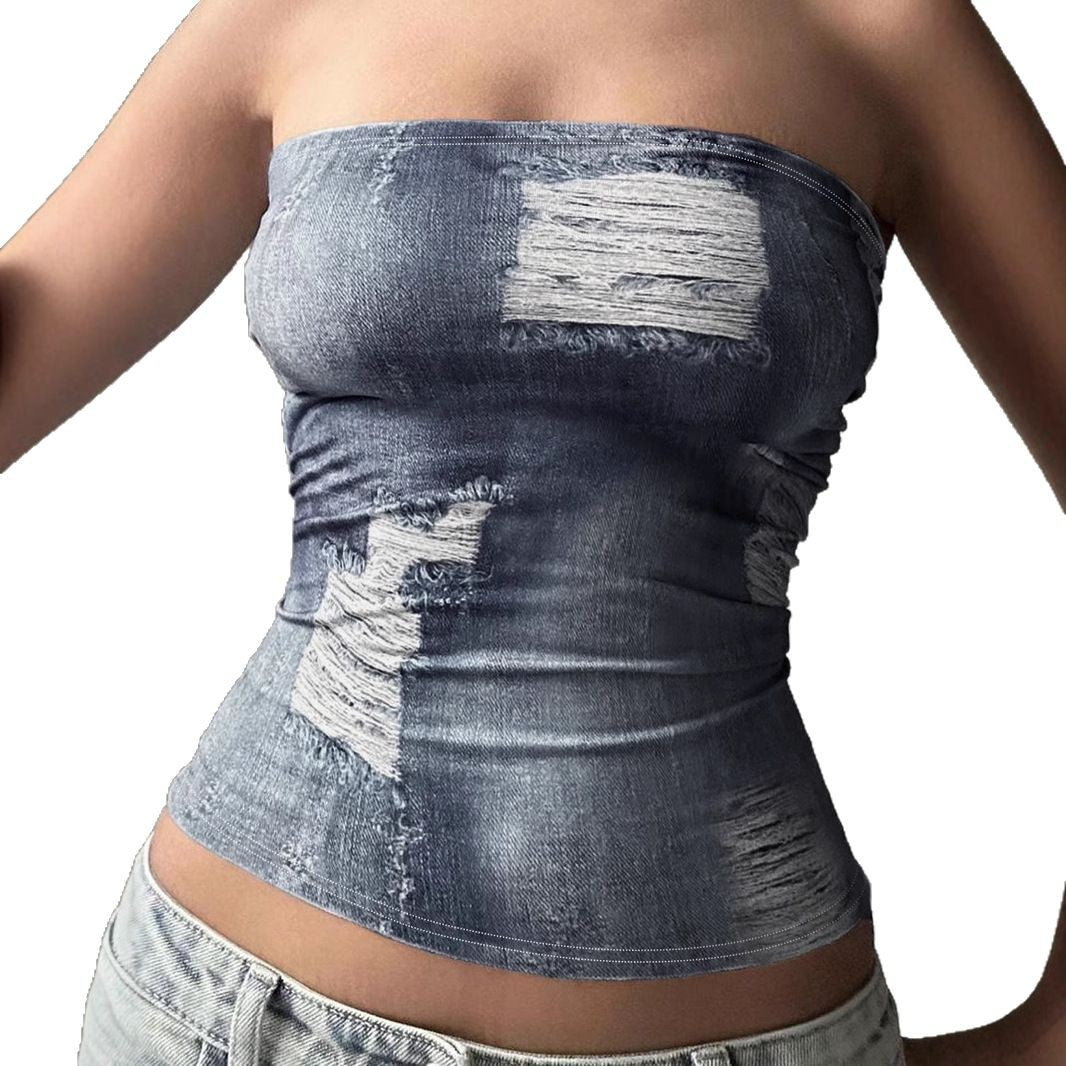Fashion Imitation Denim Broken Printed Tube Tops