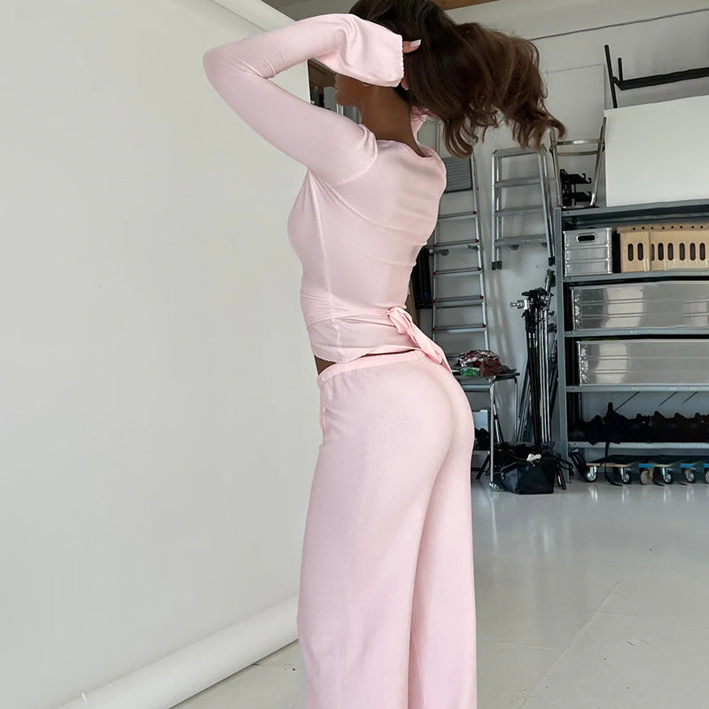 Basic Long Sleeve High Waist Drawstring Suits