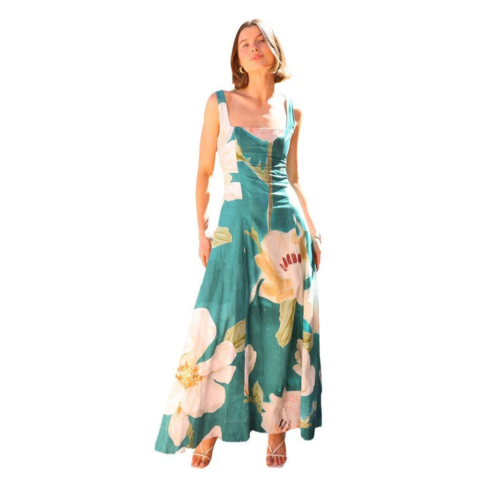 French Retro Dress Printed Spaghetti Straps Dresses