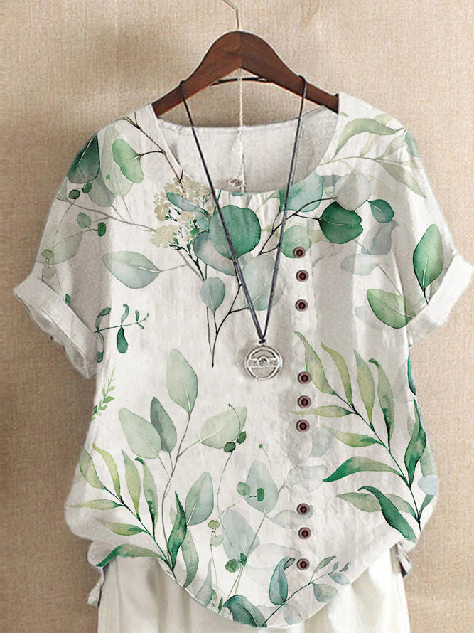 Women's Summer Retro Cotton Linen Fashion Printed Loose Blouses