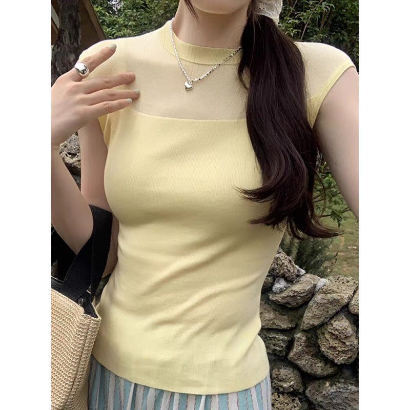 Women's Style Mesh Patchwork Round Neck Sleeveless Summer Knitwear