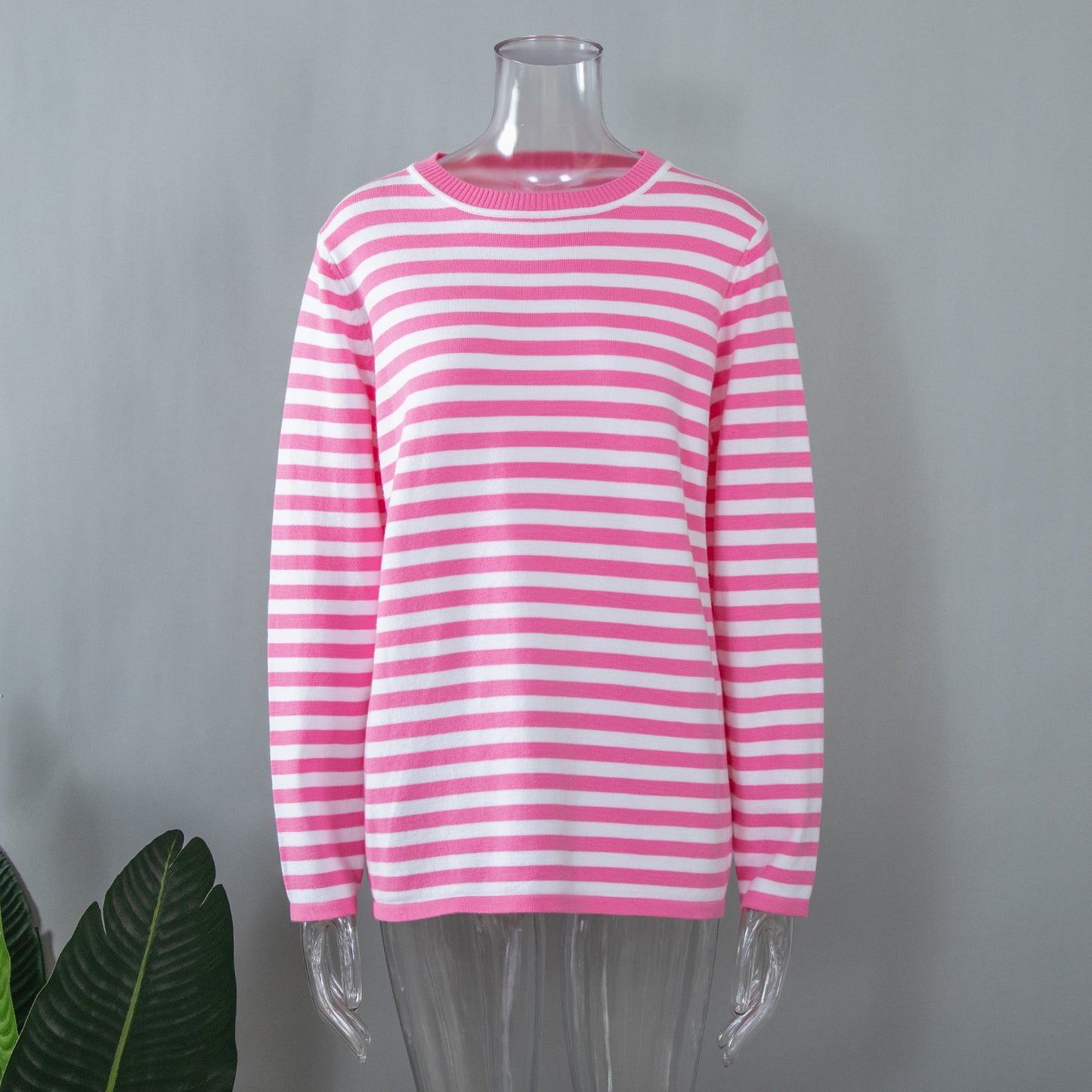 Women's Round Neck Knitted Striped Spring Versatile Sweaters