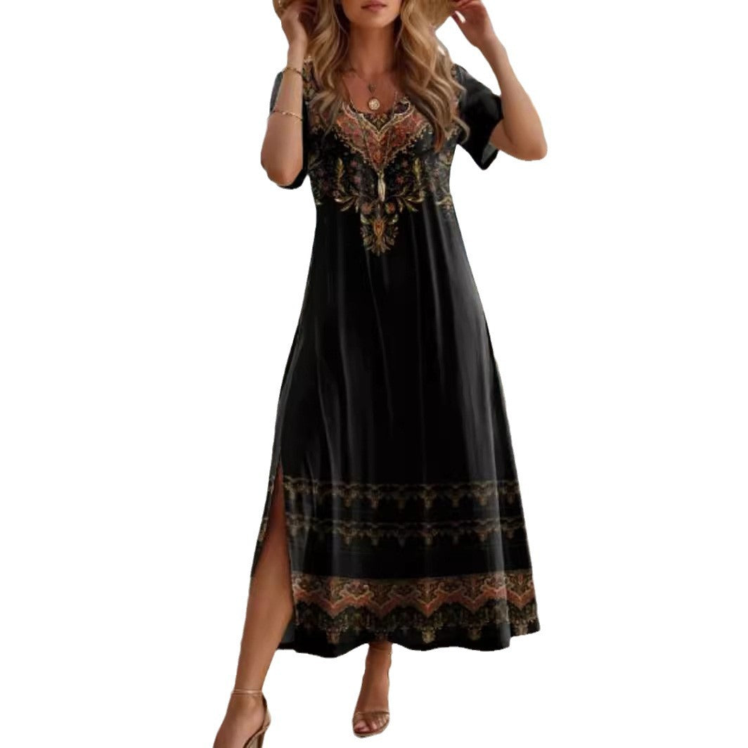 Women's Elegant Slit Round Neck Sleeve Full Dresses