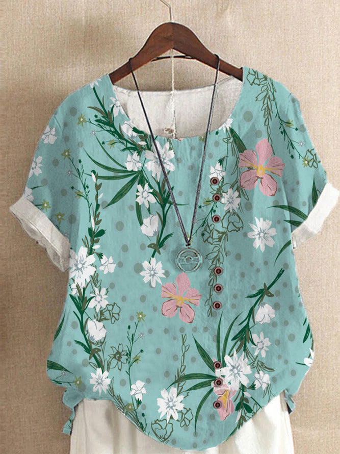 Women's Summer Retro Cotton Linen Fashion Printed Loose Blouses