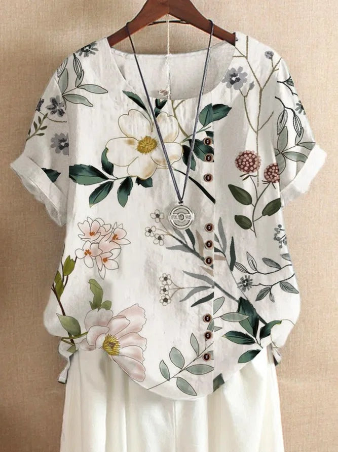Women's Summer Retro Cotton Linen Fashion Printed Loose Blouses