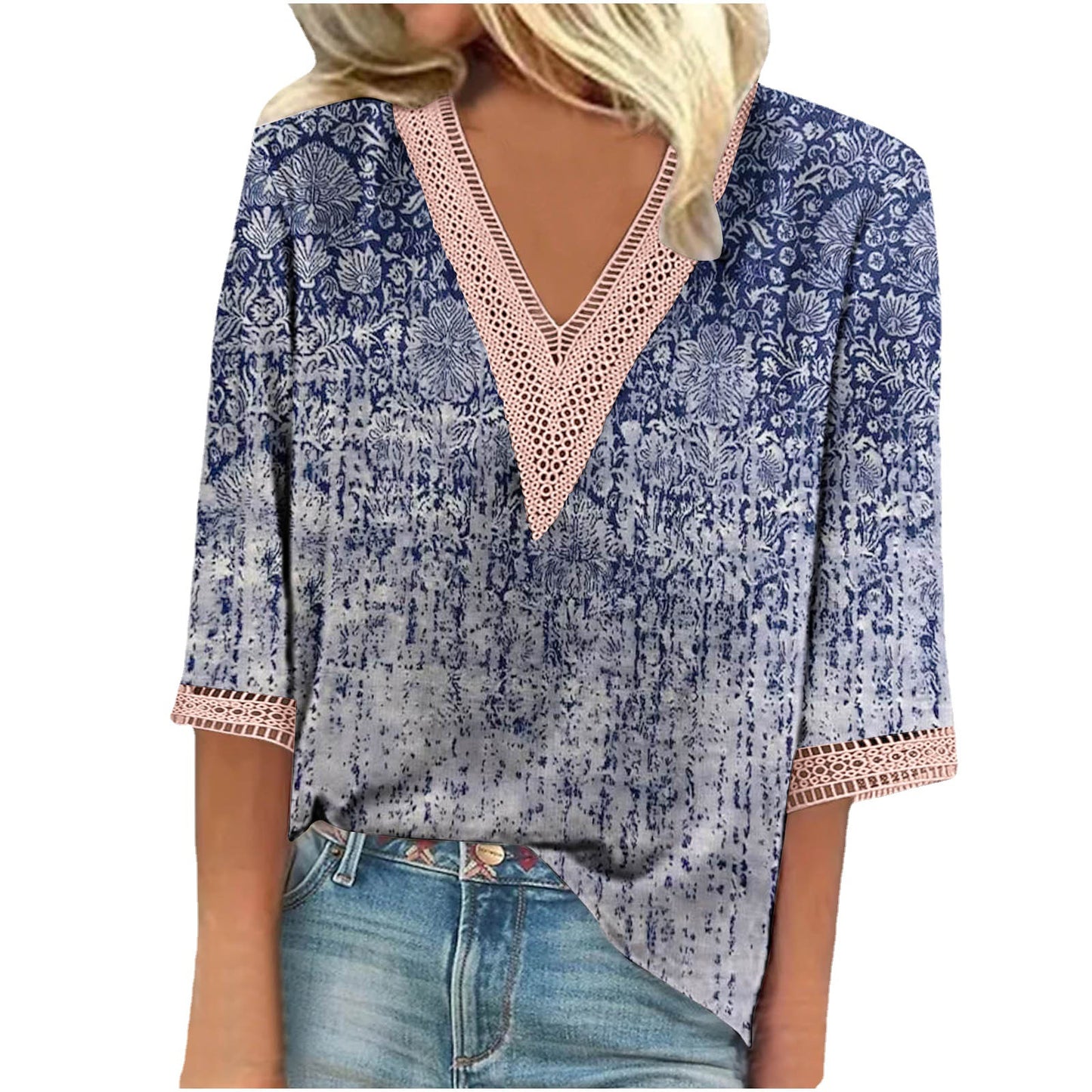 Women's Summer Printed Lace Stitching Sleeve T-shirt Blouses