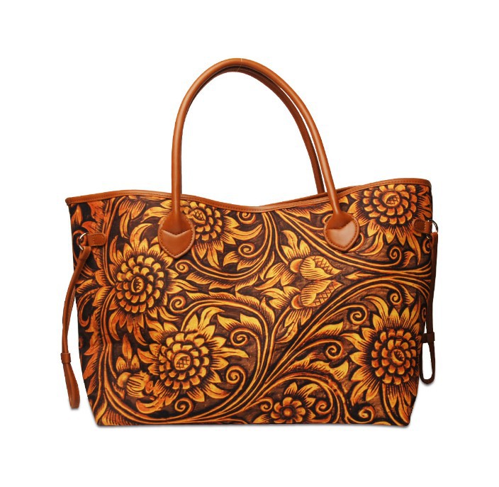 Women's Large Capacity Totes Striped Embossed Flower Shoulder Bags