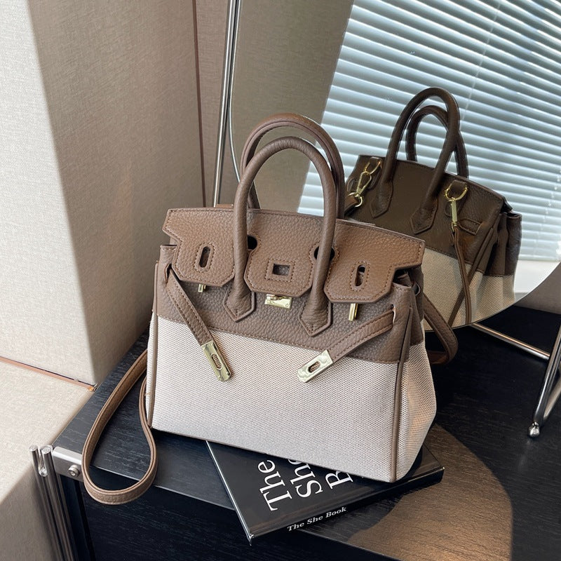 Women's Trendy Canvas Fashionable Lychee Pattern Contrast Shoulder Bags