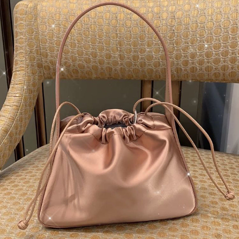 Women's Satin Splice Leather Letter Drawstring Underarm Handbags