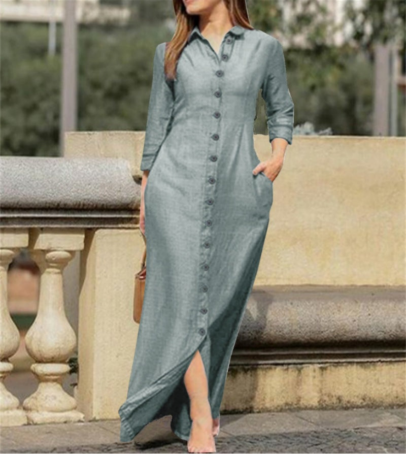 Women's Unisex Style Long Sleeve Lapel Solid Color Dresses
