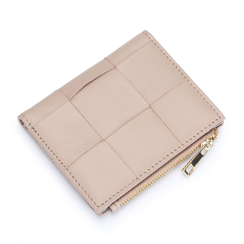 Women's Short Sheepskin Woven Fashion Folding Multifunctional Ladies Wallets