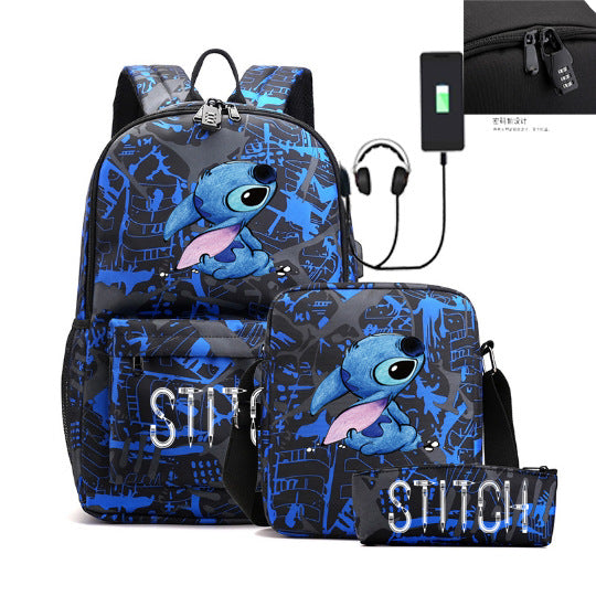 Cartoon Character Stitch Three-piece Male Female Backpacks