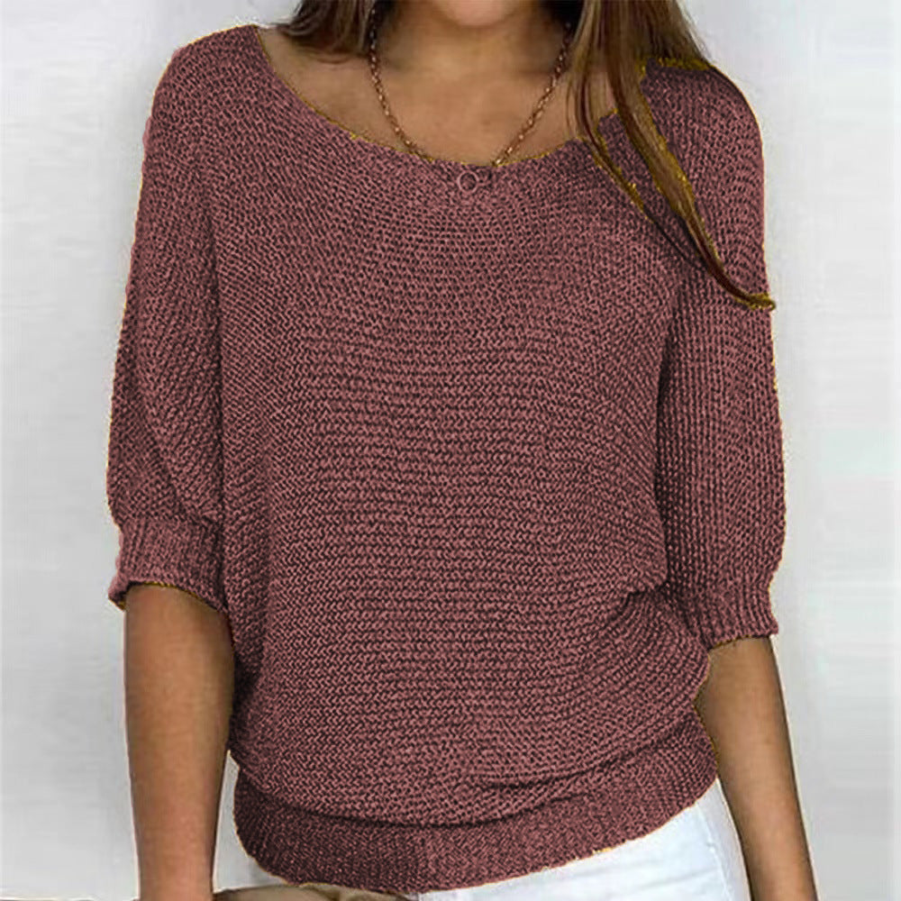 Women's Spring Solid Color Round Neck Commuter Elegant Cropped Sleeves Knitwear