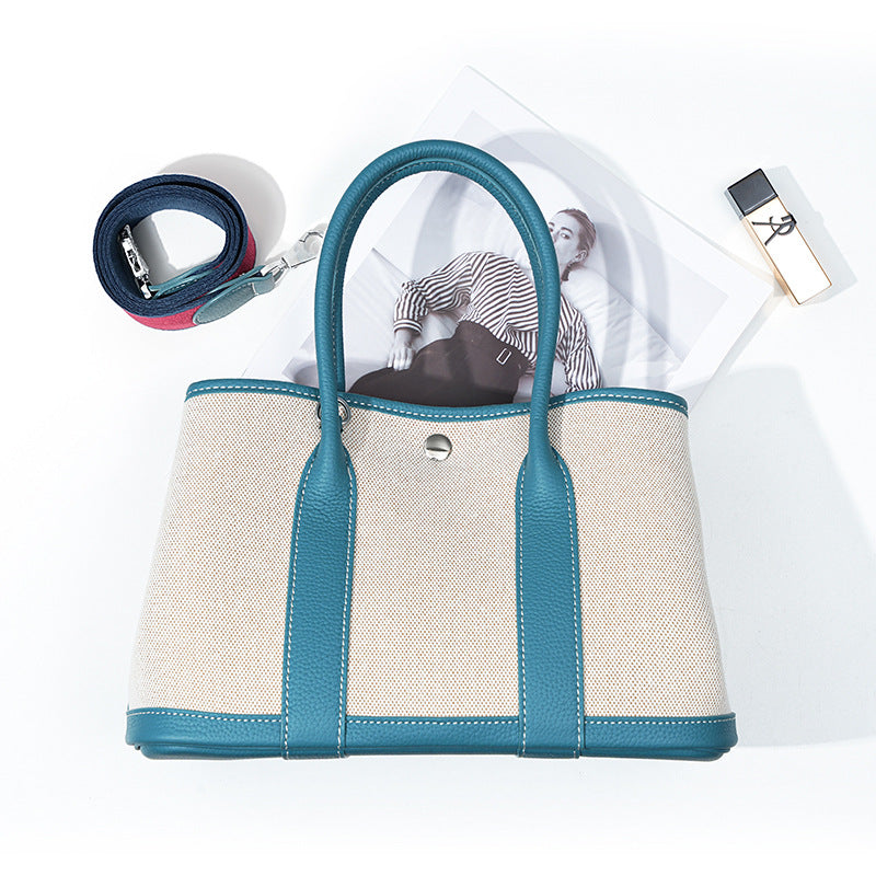 Women's Layer Cowhide Large Capacity Canvas Contrast Color Handbags