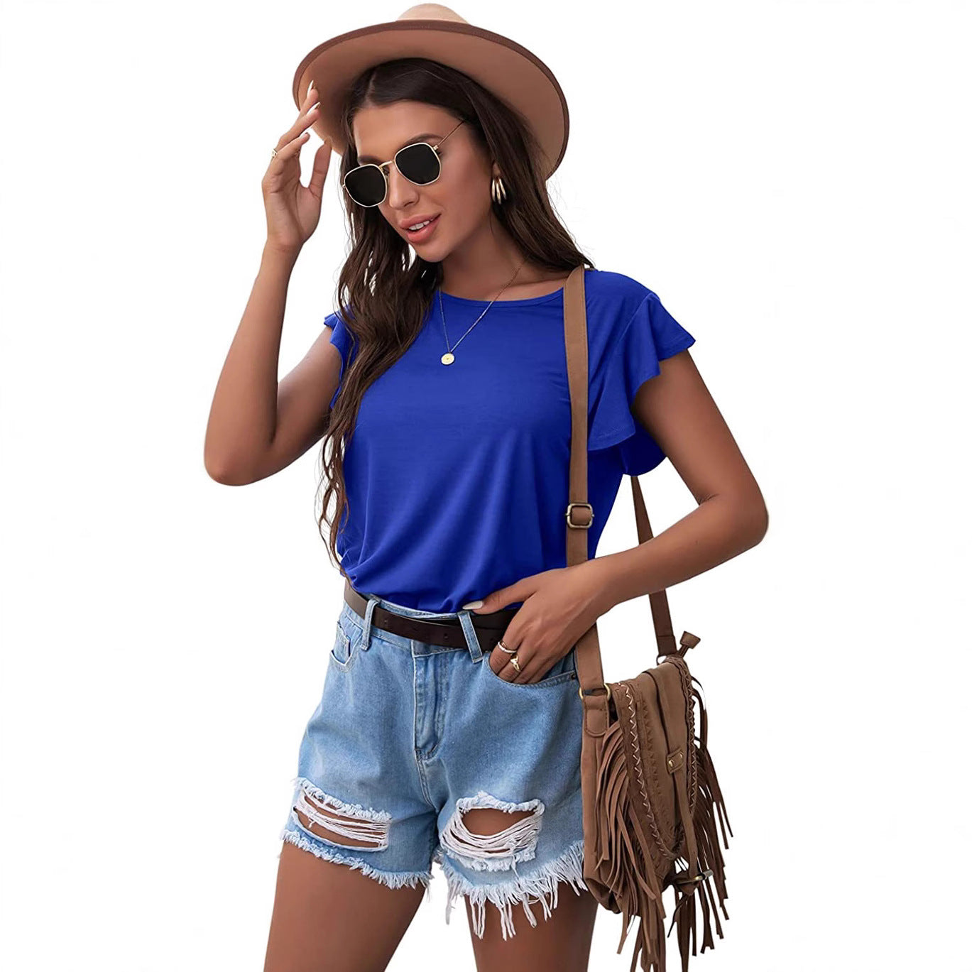 Women's Round Neck Ruffled Sleeve T-shirt Blouses