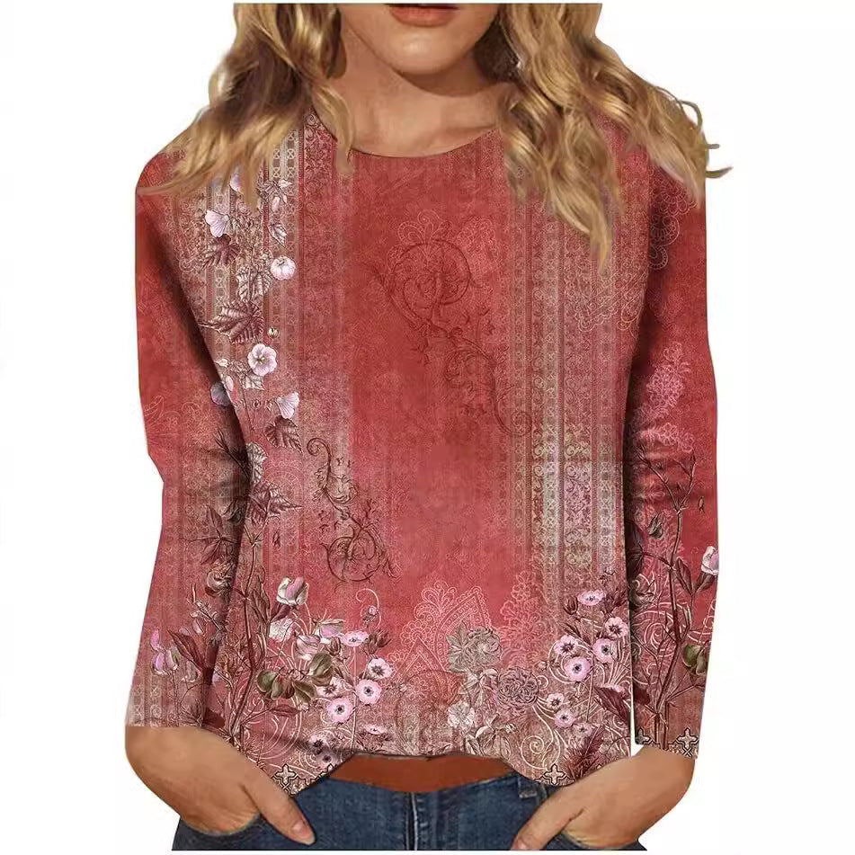 Women's Round Neck Long Sleeve Loose Print Blouses