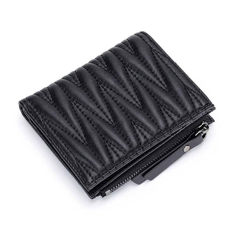 Women's Sheepskin Pleated Vertical Fashion Embroidery Short Ladies Wallets