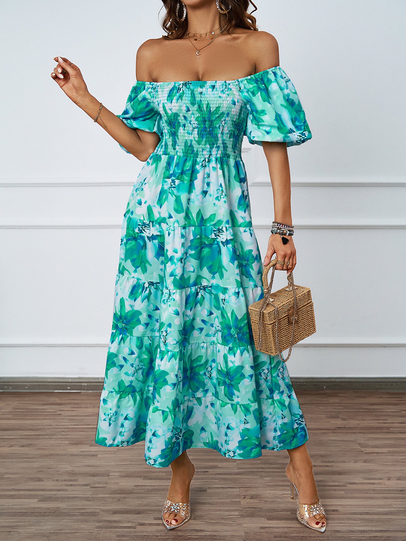 Women's Summer Elegant Printed Pettiskirt Puff Sleeve Dresses