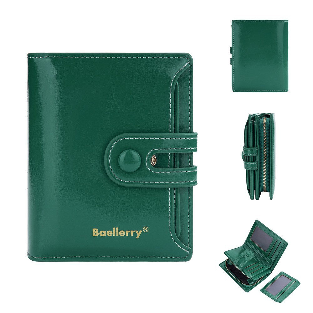 Women's Short Glossy Oil Wax Leather Multiple Slots Purses