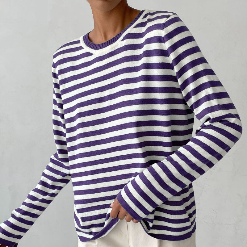 Women's Round Neck Knitted Striped Spring Versatile Sweaters
