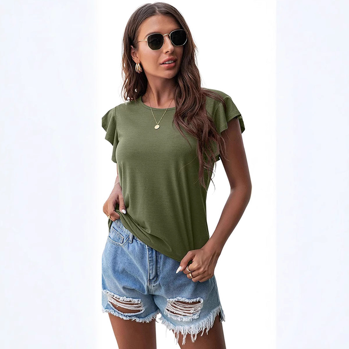 Women's Round Neck Ruffled Sleeve T-shirt Blouses