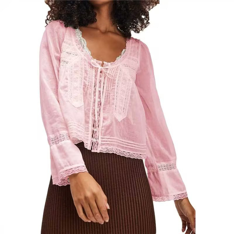Lace Shirt U-shaped Collar Long Sleeve Blouses