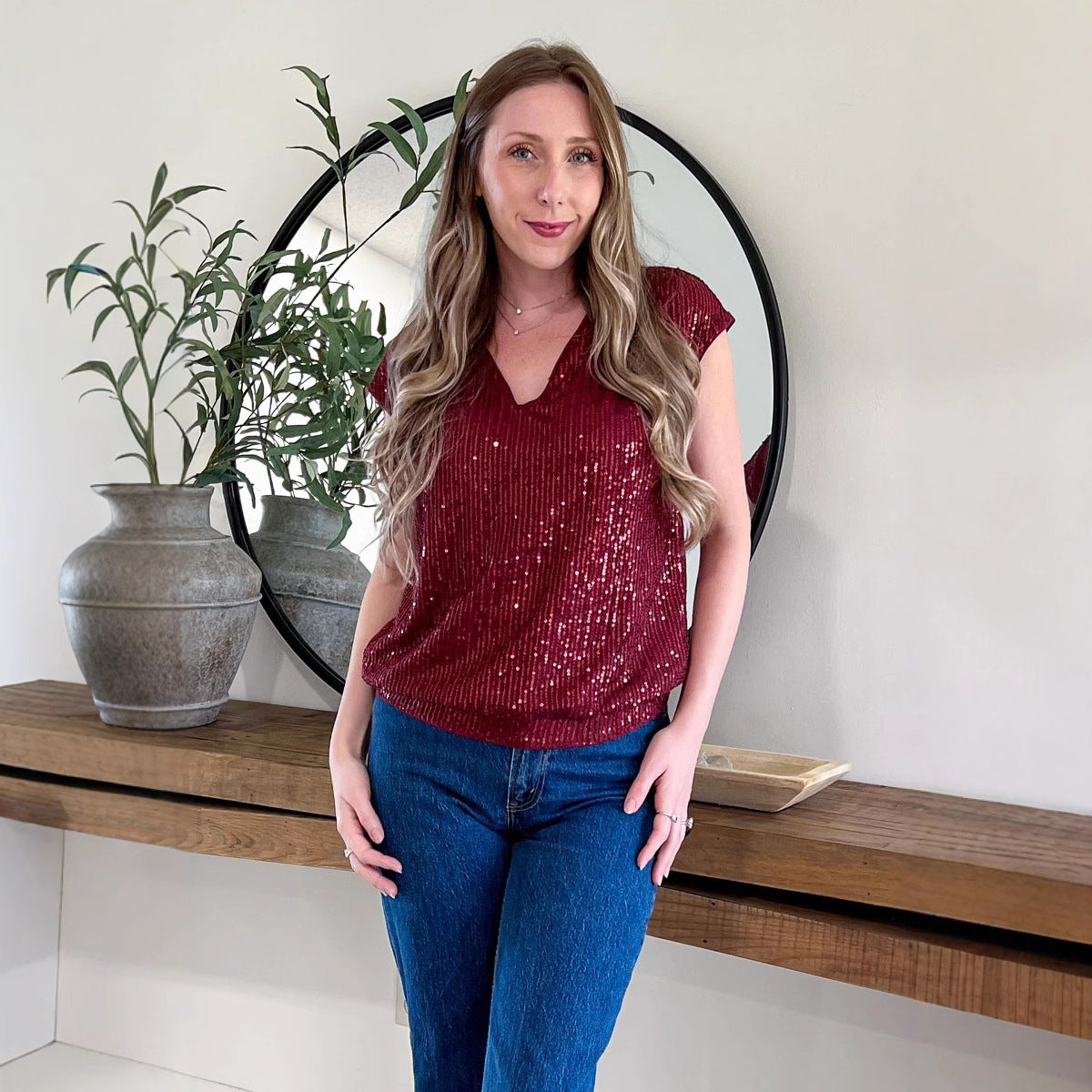 Women's Pretty Casual Summer Sequins Short-sleeved Blouses