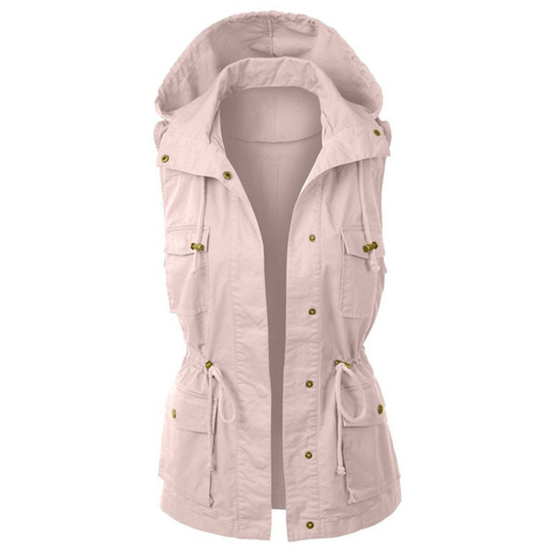 Women's Solid Color Work Hooded Drawstring Sleeveless Vests