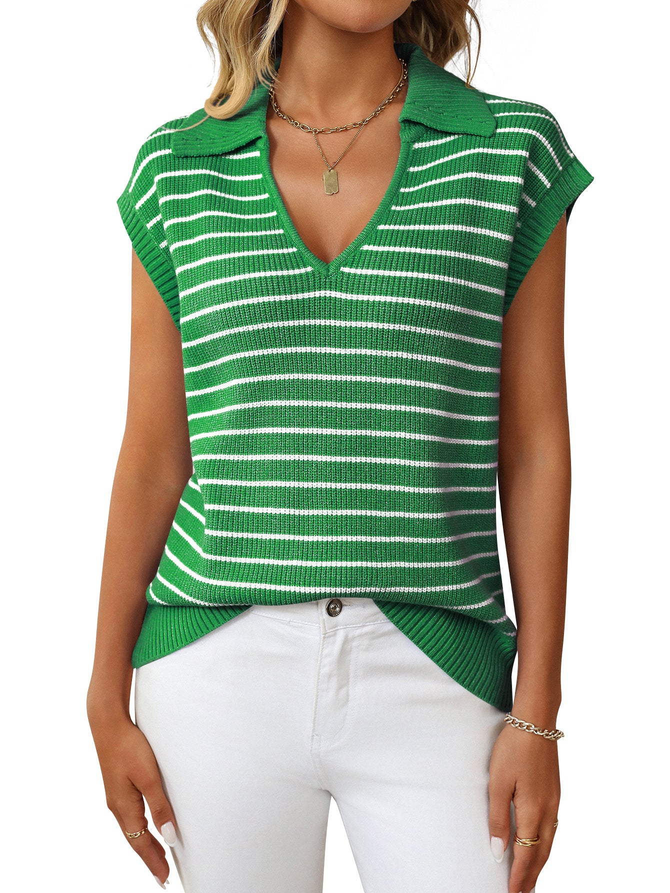 Women's Summer Knitted Casual Striped Lapel Sweaters
