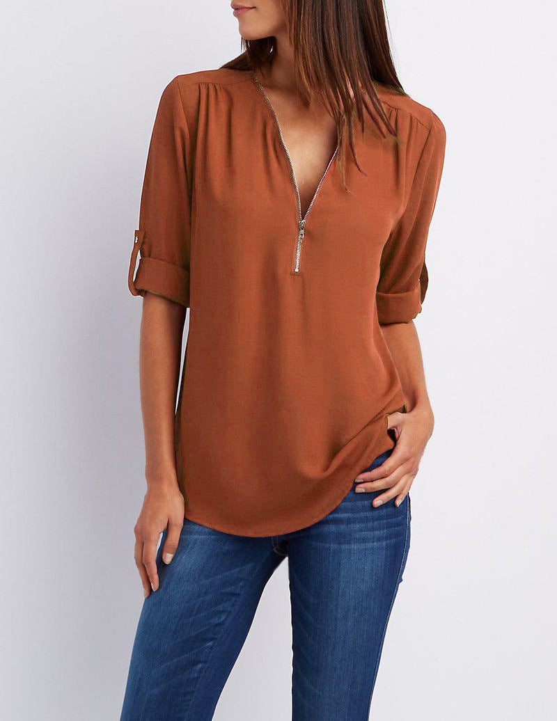 Women's Hosting Label Zipper Rollable Sleeves Chiffon Blouses