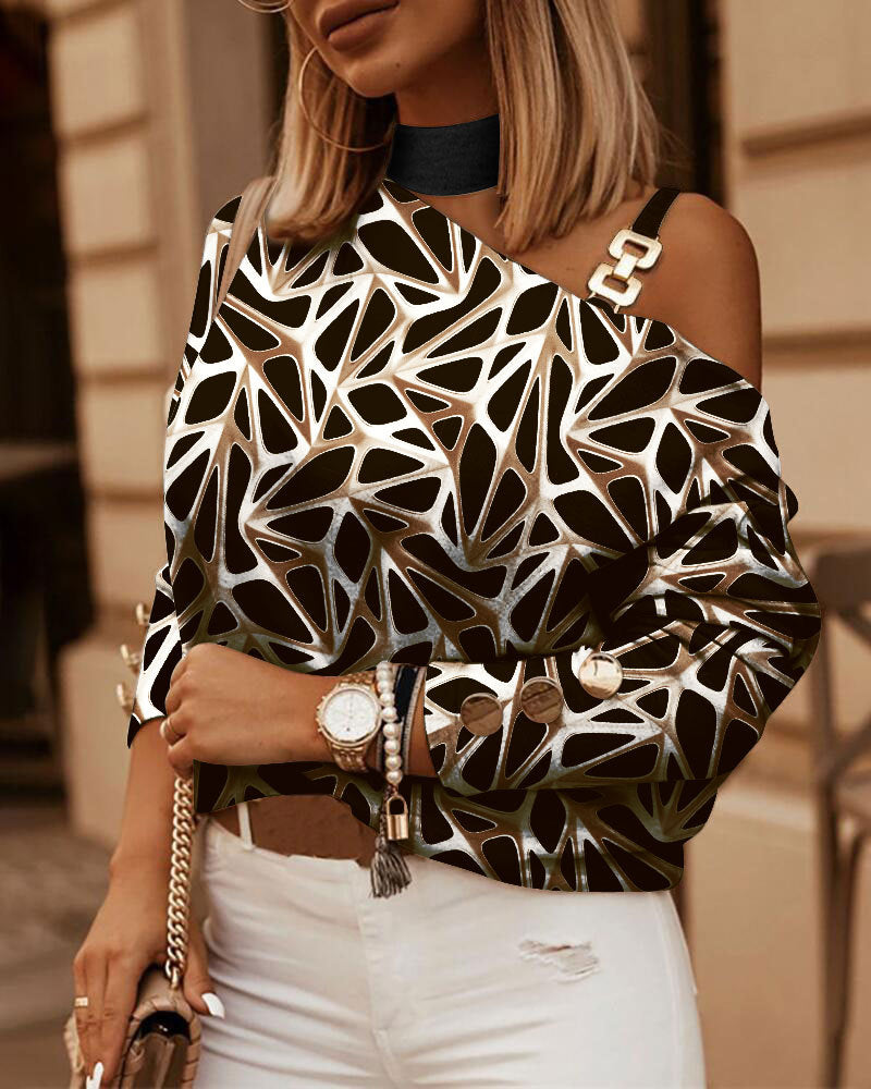 Women's Long-sleeved Chain On Neck Printed Fastener Tops