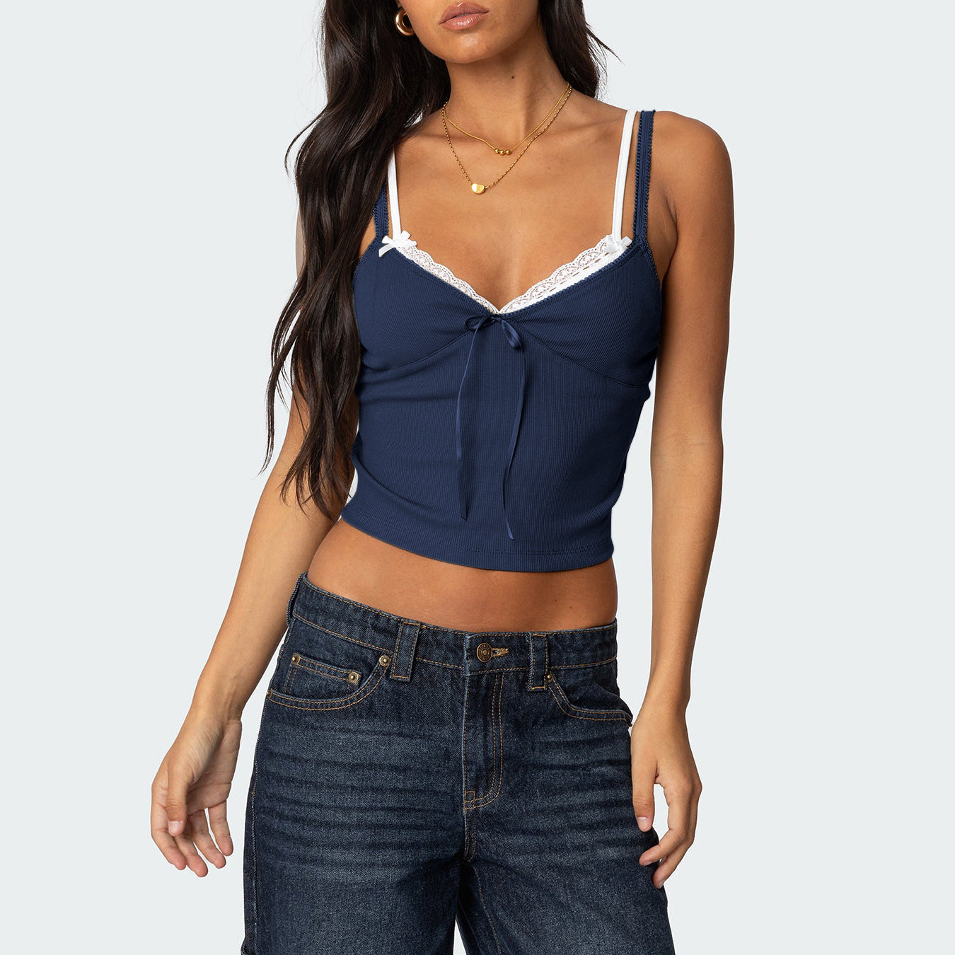 Stitching Low-cut Contrast Color Double Joint Tops