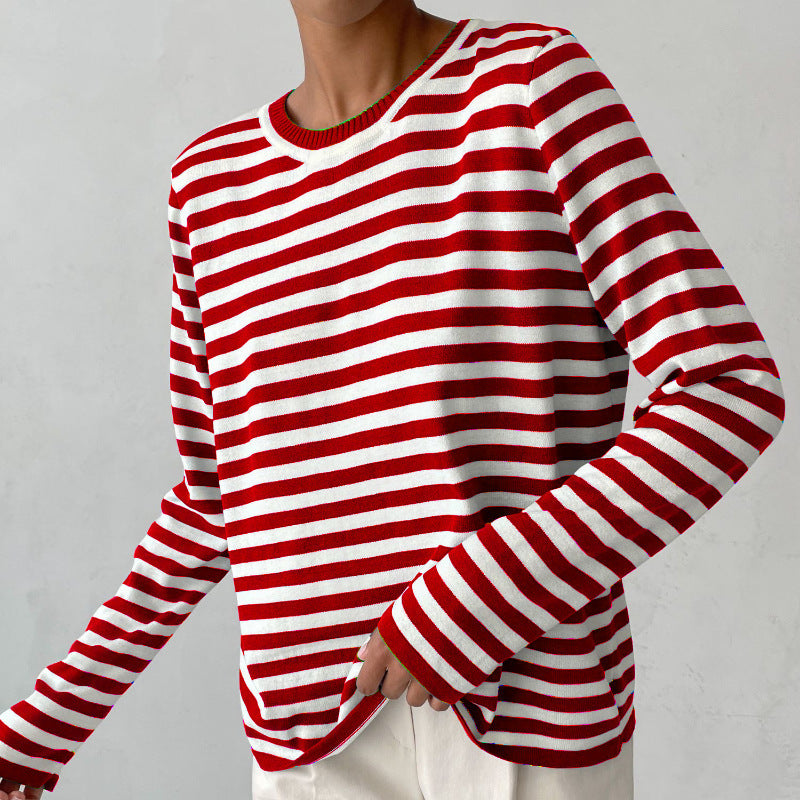 Women's Round Neck Knitted Striped Spring Versatile Sweaters