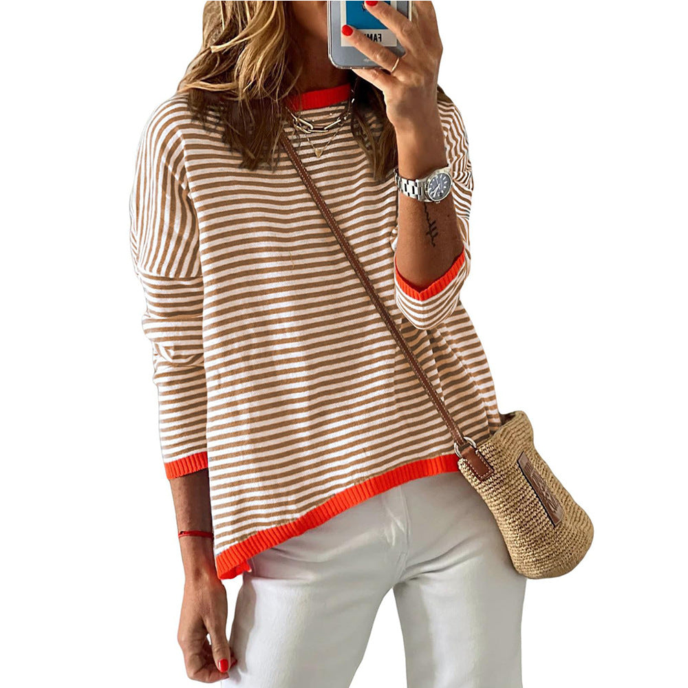 Women's Round Neck Striped Contrast Color Long Sweaters