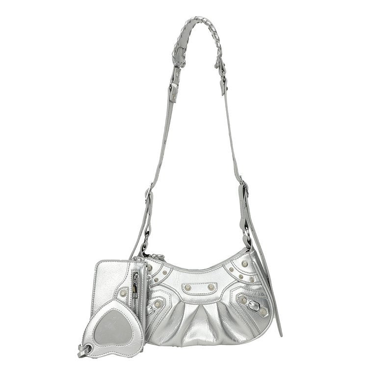 Women's Underarm Retro Rivet Motorcycle Pleated Crescent Crossbody Bags
