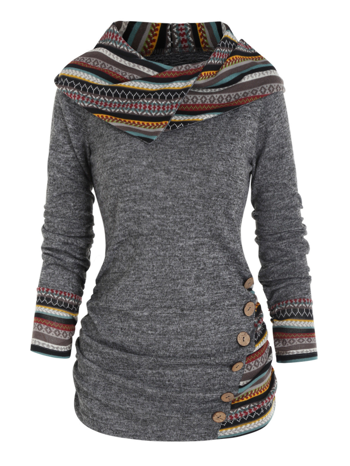 Women's Stitching Hooded Knitted Long Sleeve Button Casual Sweaters