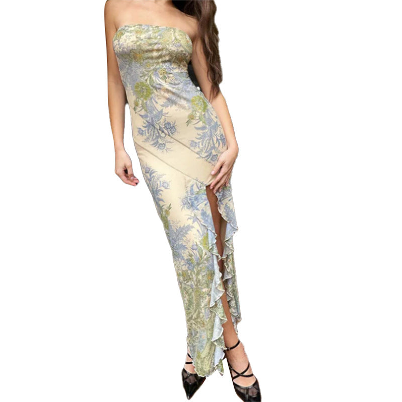 Women's Mesh Floral Print Slim Fit Tube Dresses
